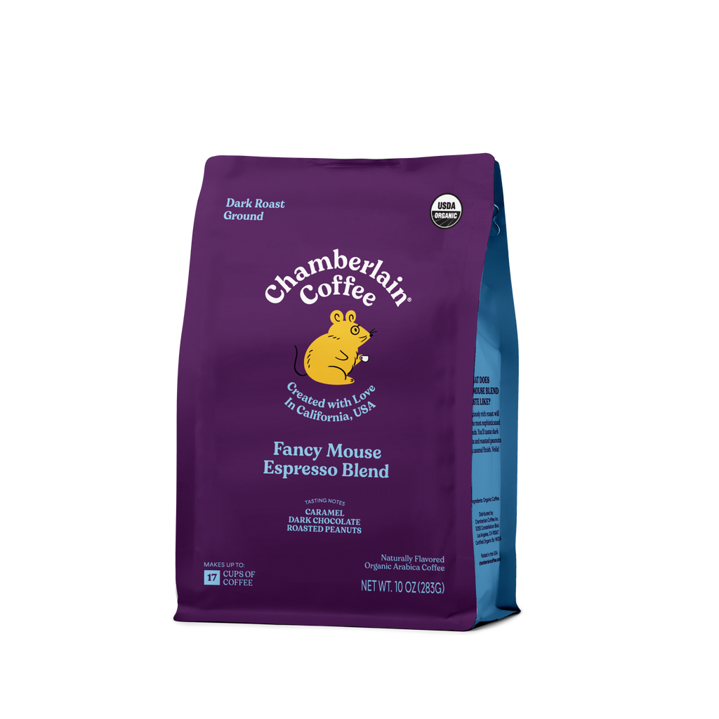 Organic Espresso Dark Roast Coffee Blend Ground Product Shot Diagonal